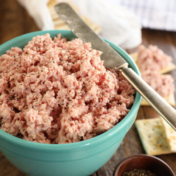 Deviled ham in a blue bowl