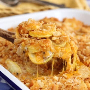 Squash casserole being served