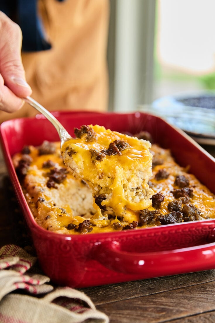 Scoop of Grits and Sausage Casserole.
