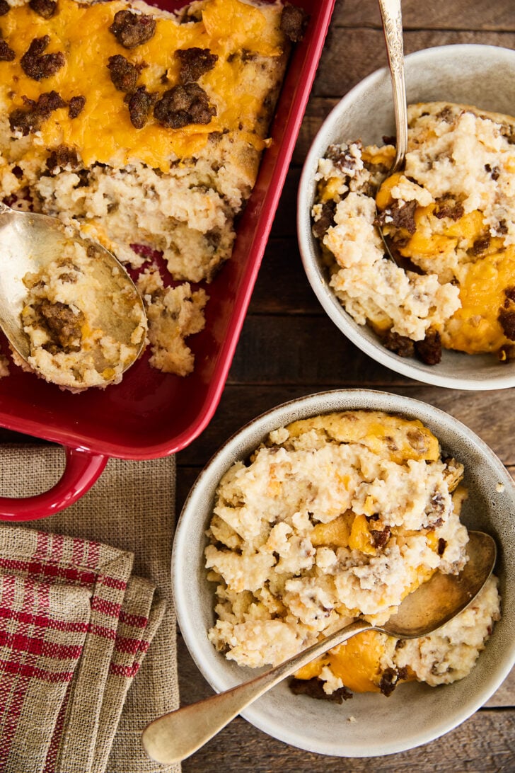 Grits and Sausage Casserole in serving bowls.