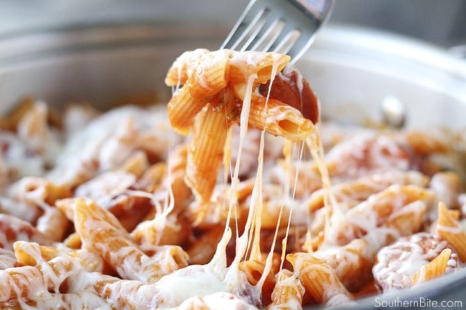This One-Pot Cheesy Sausage Skillet only calls for 6 ingredients and is ready in no-time flat! It's perfect for a super-easy weeknight meal! 