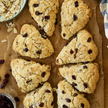Overhead image of scones on parchment.