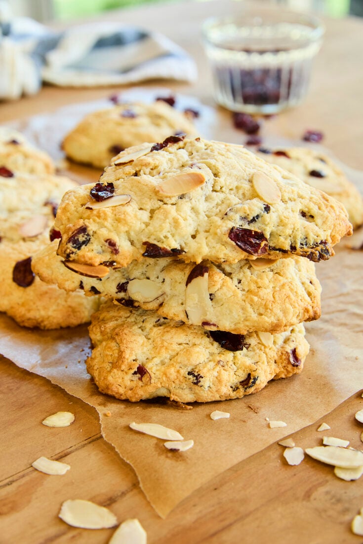 Stack of scones on parchment.