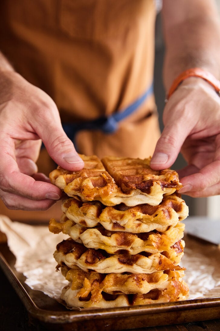 Stack of Ham, Egg, and Cheese Biscuit Wafflewiches.