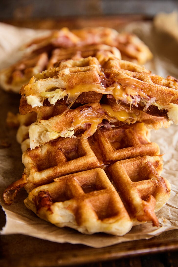 Inside view of a Ham, Egg, and Cheese Biscuit Wafflewich. 