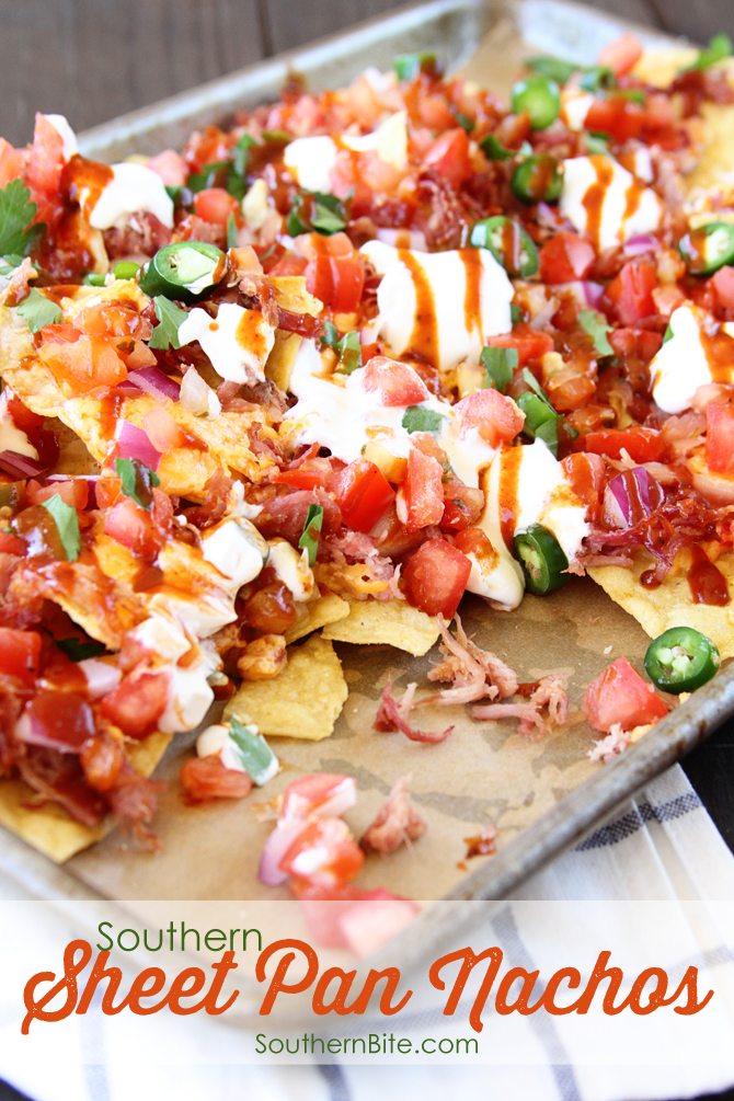 These Southern Sheet Pan Nachos combine smoky pulled pork, melty pimiento cheese, and all your favorite toppings into one amazing pan of food! 