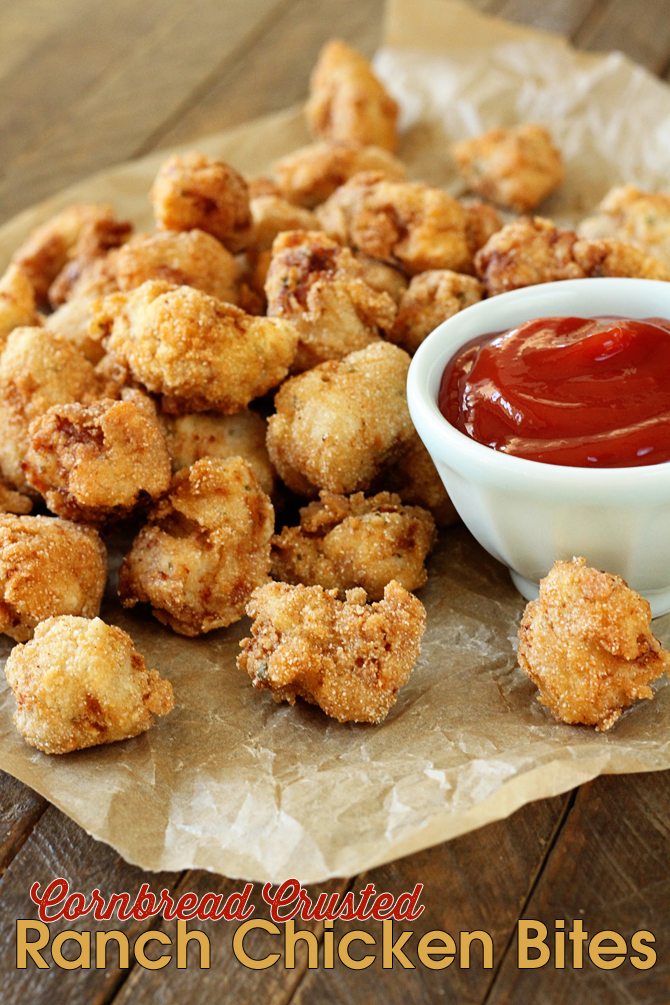 The cornbread crust on these Cornbread Crusted Ranch Chicken Bites gives them amazing crunch! 