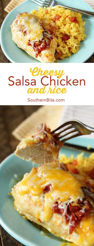 This Cheesy Salsa Chicken and Rice is the perfect one-dish meal. Prep and clean-up are a cinch and the flavors are amazing! 