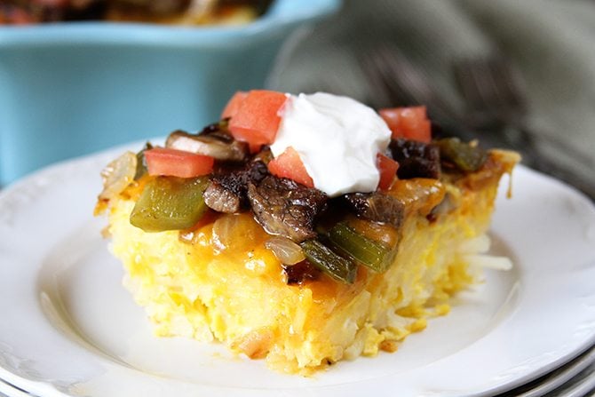 Cheese, eggs, steak, peppers, and onions combine in this Baked Big Steak Omelet! 