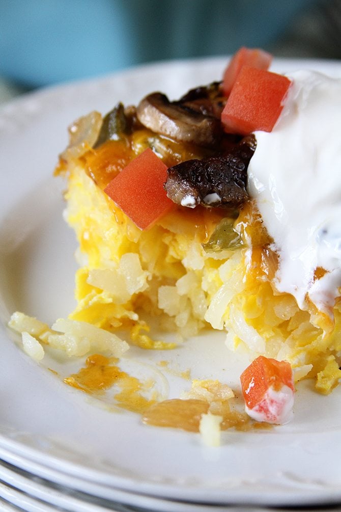 Cheese, eggs, steak, peppers, and onions combine in this Baked Big Steak Omelet! 