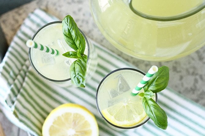 overhead view of basil lemonade. 