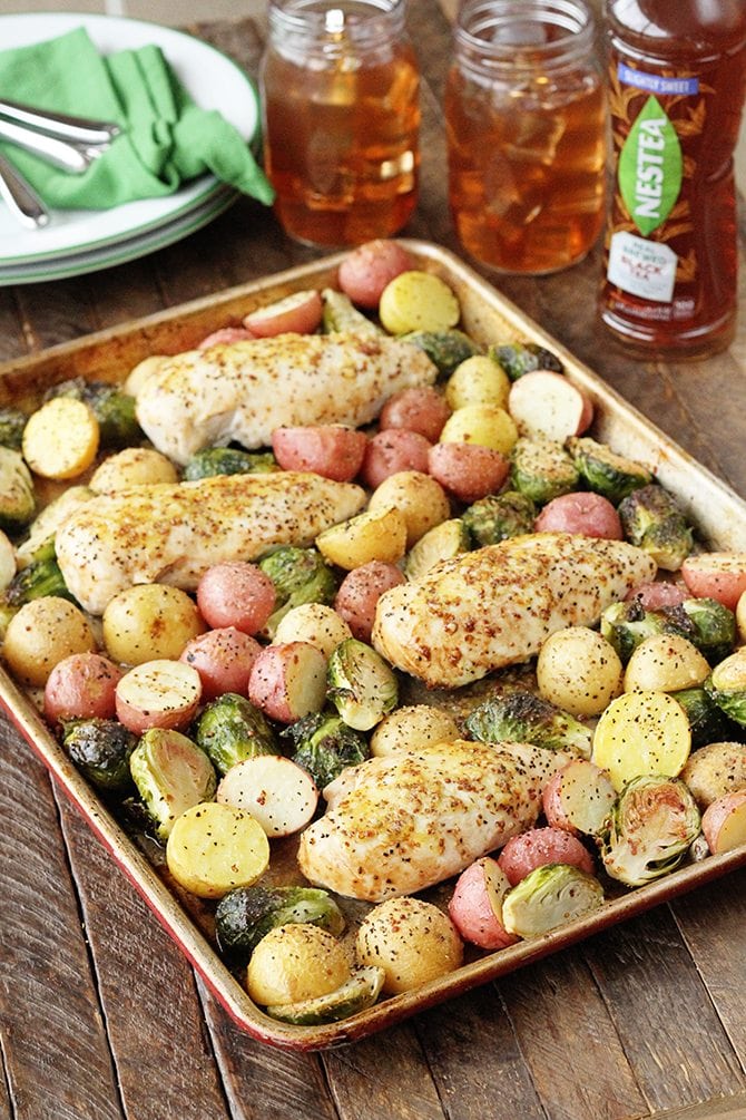 This Sheet Pan Lemon Chicken is an amazing one-pan meal that your family will love.  It's a simple recipe with just a few ingredients and pairs perfectly with the amazing flavor of the new NESTEA!  #NewNESTEA #Sponsored