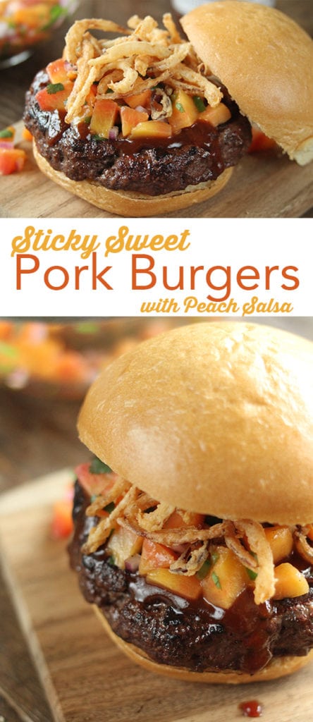Top this sweet and sticky pork burger with homemade peach salsa for an unexpected kick!  