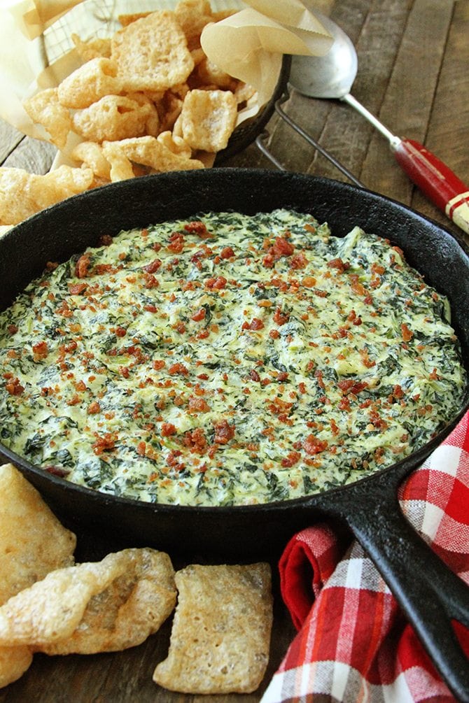Cast iron skillet with turnip green dip. 