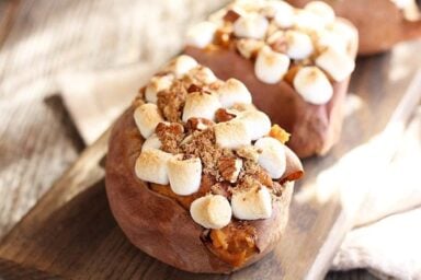 Twice Baked Sweet Potatoes on a cutting board