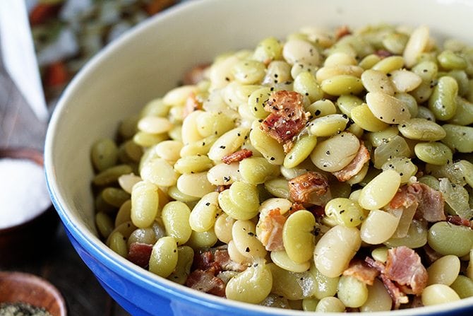 Southern Butter Beans with Bacon in a blue bowl