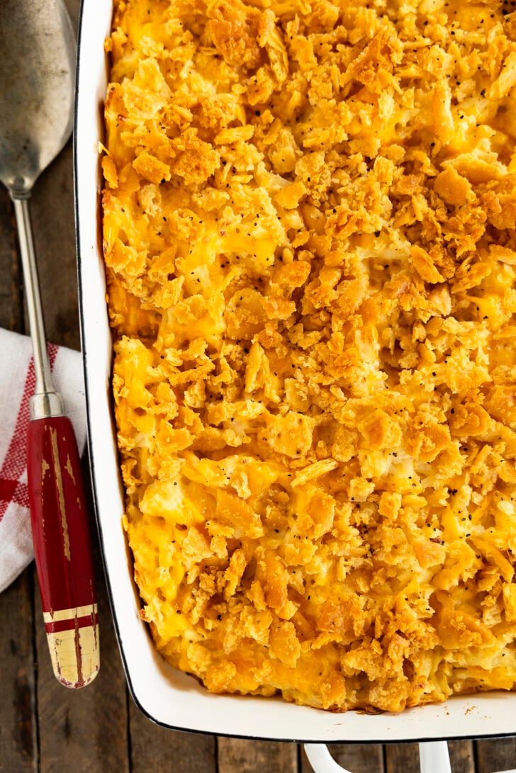 Overhead view of Hash Brown Casserole in a baking dish.