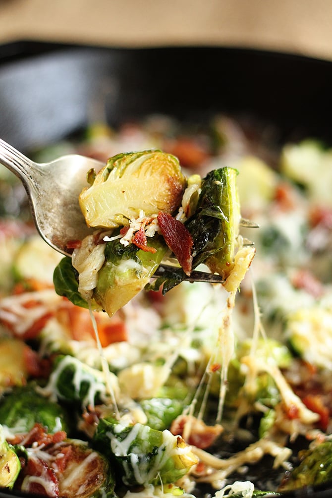 These Cheesy Brussels Sprouts with Bacon are so easy they're perfect for a busy weeknight but they taste so good they seem worthy of the holidays! It's the perfect recipe! 