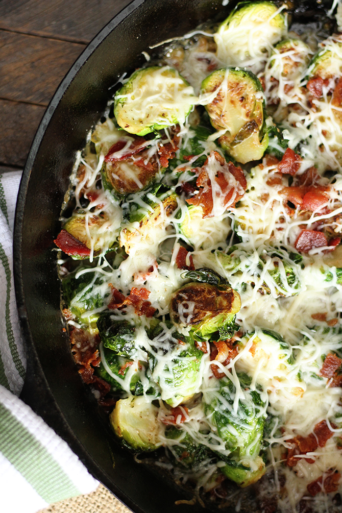 These Cheesy Brussels Sprouts with Bacon are so easy they're perfect for a busy weeknight but they taste so good they seem worthy of the holidays! It's the perfect recipe! 