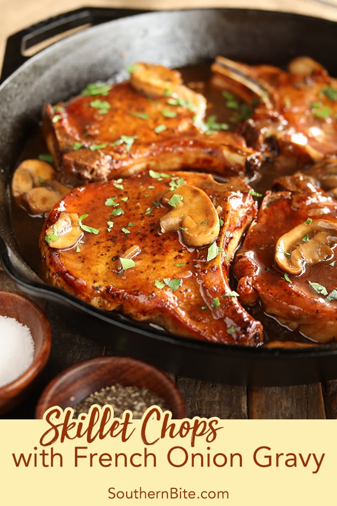 Skillet chops with French onion Gravy for Pinterest