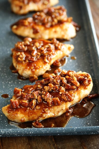 Honey Garlic Pecan chicken on baking pan