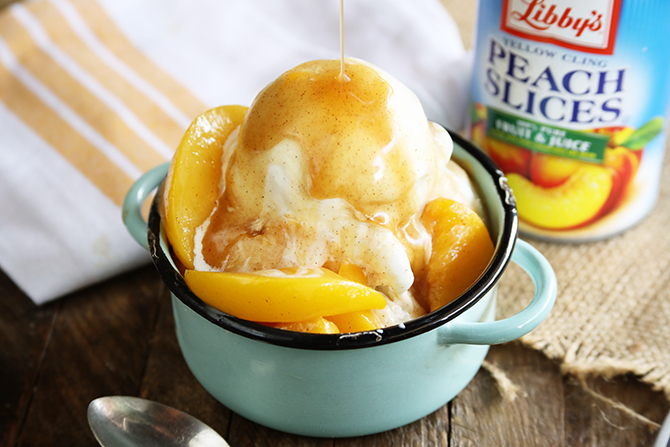 Brown Sugar Peach Sauce served in blow with canned peaches in the background