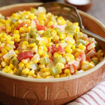 Easy Maque Choux in brown bowl  close photo