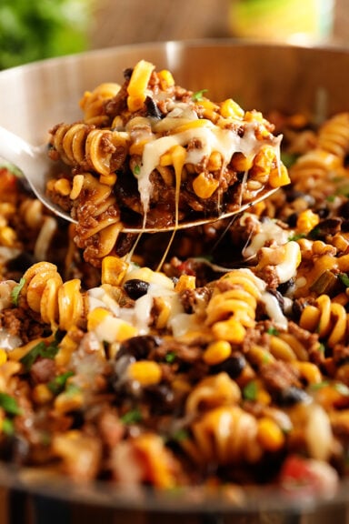 One Pan Taco Pasta served with spoon