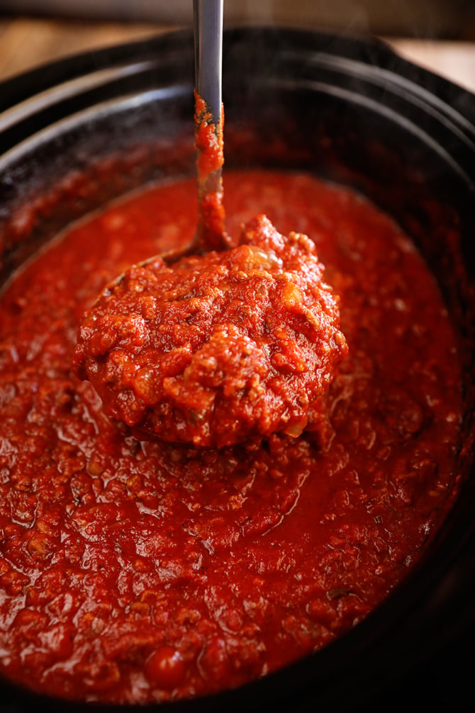 Scoopful of Slow Cooker Spaghetti Sauce