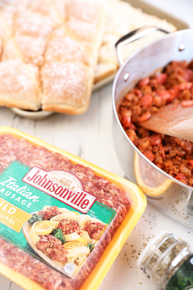 Sausage and bread ready to make Easy Pizza Sloppy Joe Sliders
