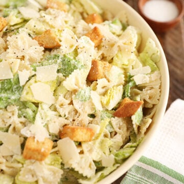 Pasta Caesar Salad with cheese in a bowl