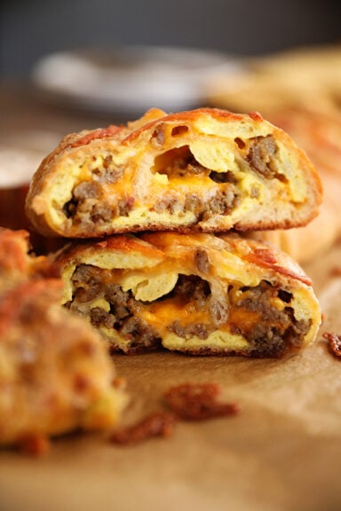 Peices of Breakfast Stromboli stacked