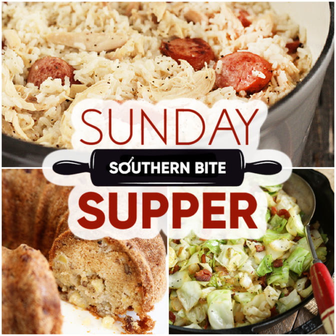 Collage or recipes - Chicken Bog, Fried Cabbage, and Apple Nut Cake