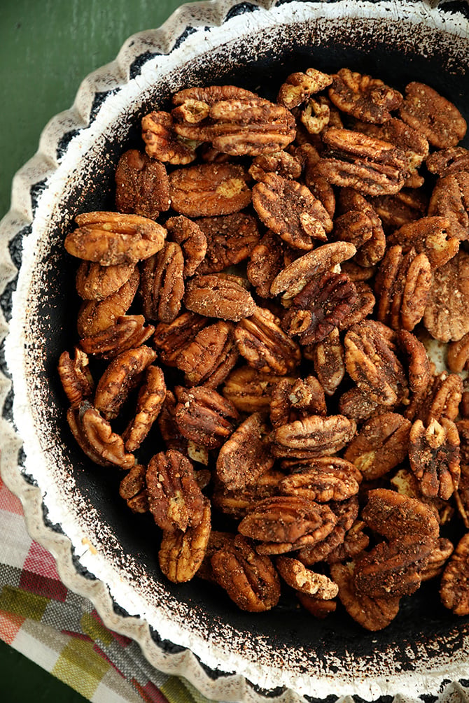 Butter Toasted Pumpkin Spice Pecans in a metal pan