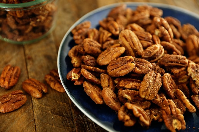 Butter Toasted Pumpkin Spice Pecans on a blue plate
