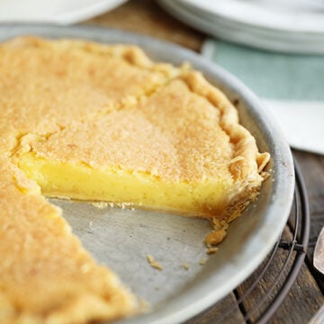 Old Fashioned Vinegar Pie with slice missing
