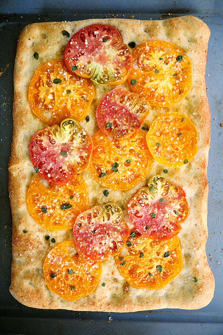 Shortcut Tomato Focaccia on a sheet pan.