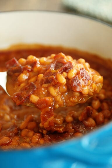 spoonful of bacon brown suagr baked beans.
