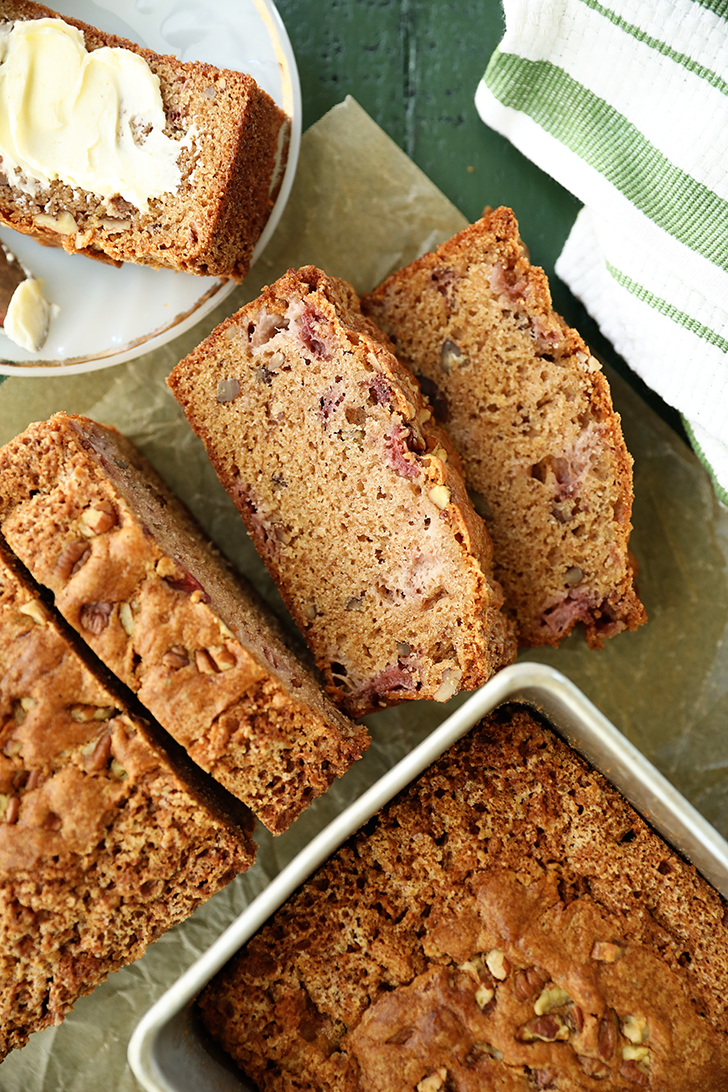 Overhead view of sliced Strawberry bread.