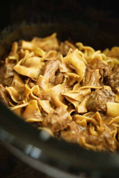 Slow Cooker Beef Stroganoff in a crock pot.
