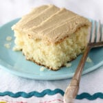 Easy Caramel Sheet Cake on a blue plate.