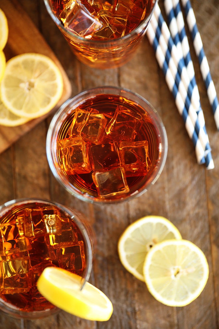 Overhead view of glasses of tea.