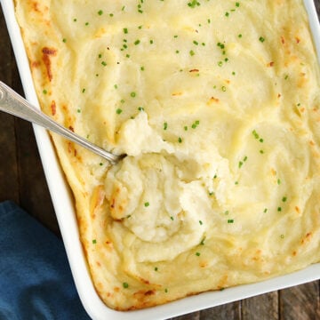 Overhead view of Baked Mashed Potatoes.