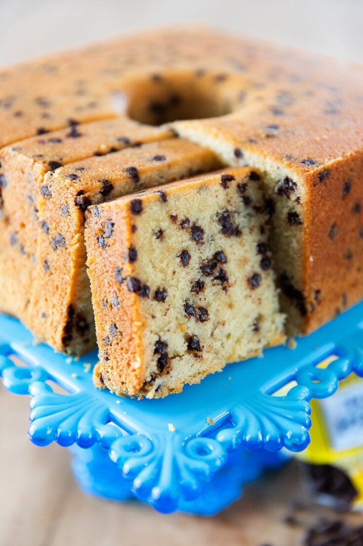 Sliced Chocolate Chip Pound Cake on a blue cake plate.