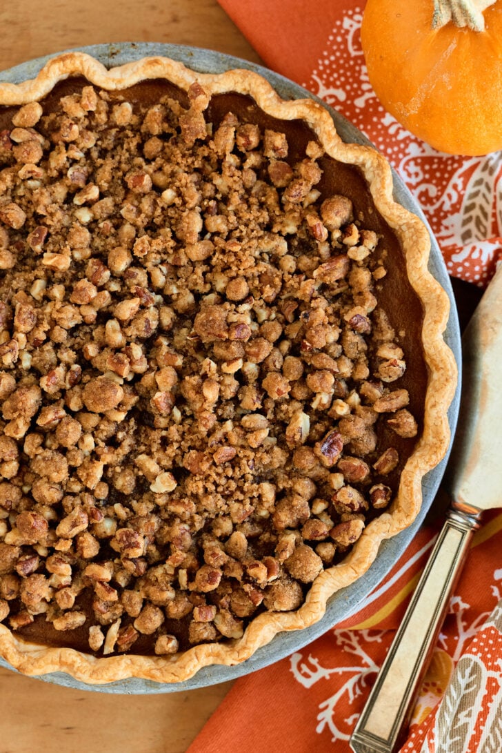 Whole Pumpkin Pie with pecan streusel topping.