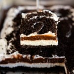 Slice of Oreo Delight on a spatula.